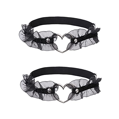 alisikee 2PCs Adjustable Heart Lace Thigh Garter, Elastic Leg Garters Belt for Women Parties, Black/Red/Pink/White - Black