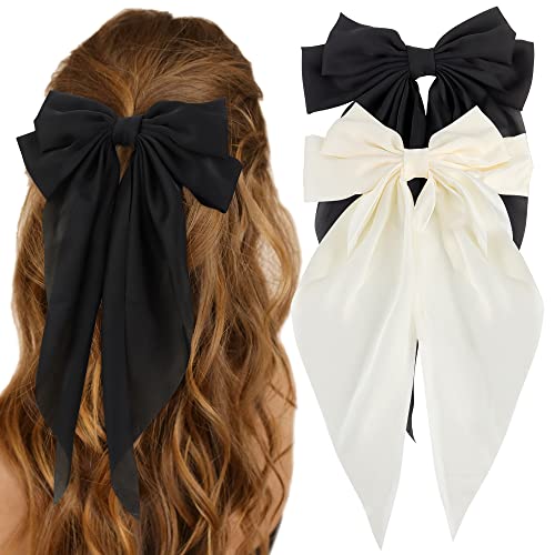 ATODEN Silky Satin Oversized Hair Bows and Ribbons - 2Pcs Long Tail White and Black Bowknot Barrettes With Metal Clips, Aesthetic Hair Accessories - Beige & Black
