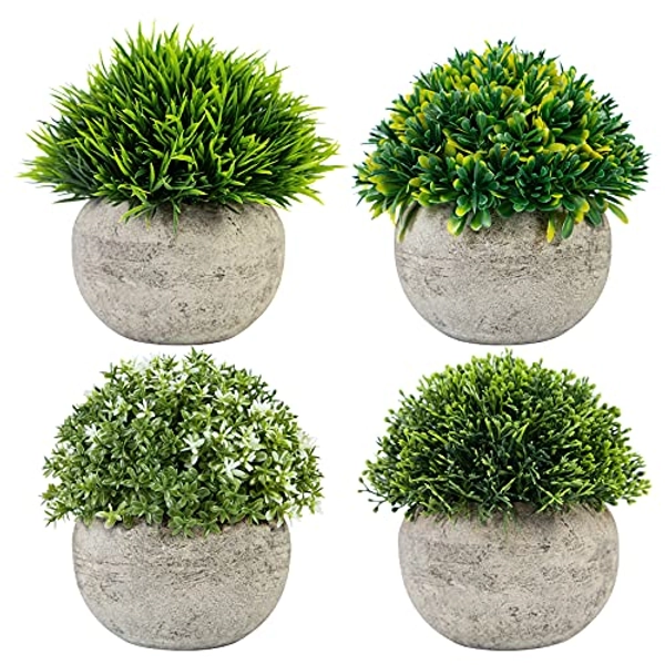 Ouddy Daily 4PCS Künstliche Topfpflanzen Grün Deko Pflanzen in Grauen Töpfen, Künstliche Pflanzen Pinie kleine Dekorative Topfpflanzen Künstlich Groß für Innenbüro Gartendekoration