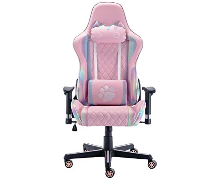 CIMOO Cute Pink Gaming Chair, Computer Racing Game Chair Ergonomic Reclining PC Gaming Chair with Cat Headrest and Lumbar Pillow, Colorful Decoration, Black Base,White