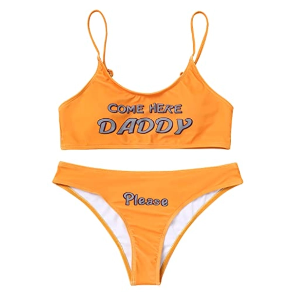 Women's 2Pcs Come Here Yes Daddy Please Printed Bikini Swimsuit Bathing Suit Padded Bra Top Panty Set Swimwear