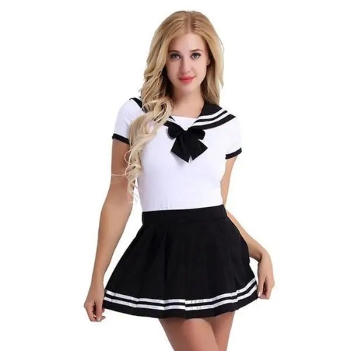 Sailor Scout Snap Crotch Onesie with Pleated School Girl Skirt - Black / L