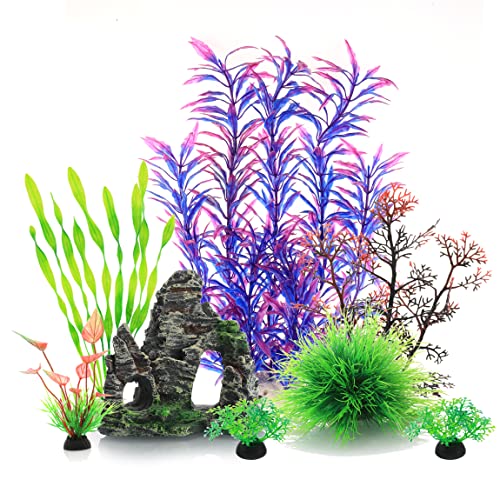 JIHAQUA Auarium Ornaments Fish Tank Decorations Plants with Resin Cave Rock View, 6pcs Decorations Plants Plastic,Fish Tank Accessories (Purple) - Purple