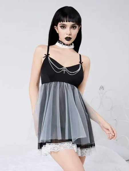 Goth Dark Angel Butterfly Knitted Mesh Pearl Chain Cross Sexy Mysterious Dress Set (With Underwear)