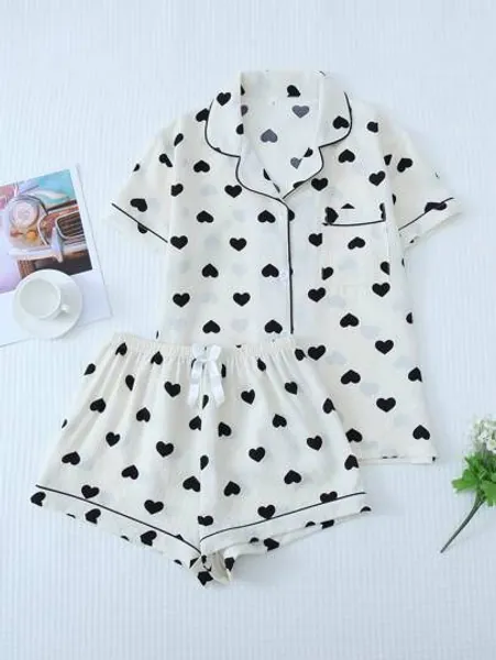 2pcs/Set Women's Summer Sleepwear Pajama Set With Black Heart Print, Contrast-Color Trim Buttoned Short Sleeve Top And Bowknot Shorts, Suitable For Home Wear