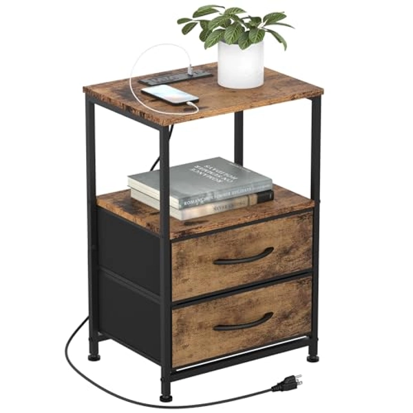 DOMYDEVM Nightstand, Bedside Table with Charging Station, Small Night Stand with Fabric Drawers for Bedroom, Small End Table with 2 USB Ports and 2 AC Outlets for Farmhouse Living Room