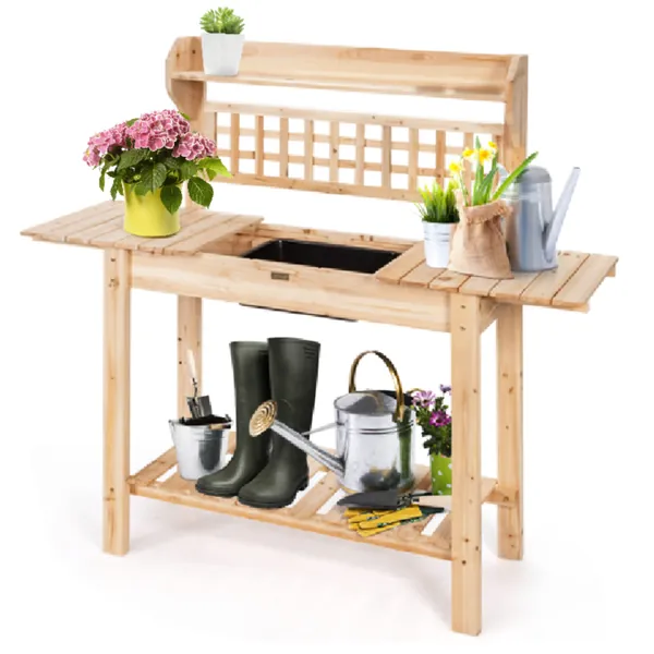 GYMAX Wooden Garden Potting Table, Plant Flower Workbench with Removable Sink, Trellis, Storage Shelves and Sliding Tabletop, DIY Planting Bench for Backyard Patio Balcony