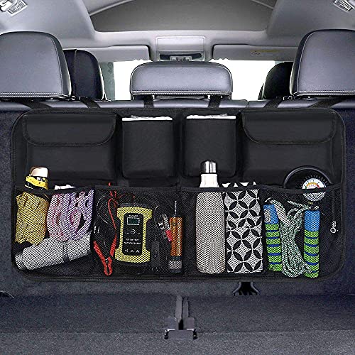 URAQT Car Boot Organiser Waterproof Kick Mats Car Organiser Seat Back Protectors, Multi-Pocket Children's Travel Storage, Durable Foldable Cargo Net Storage for Car Backseat Cover - Black 87x45cm