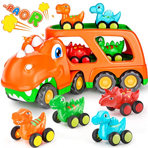 Aoskie Dinosaur Toy Cars for 3 4 5 Year Boys,Transporter Carrier Truck with 4 Pull Back Vehicle Playset Gift for Toddlers Girls Birthday Gift (Orange) - Orange