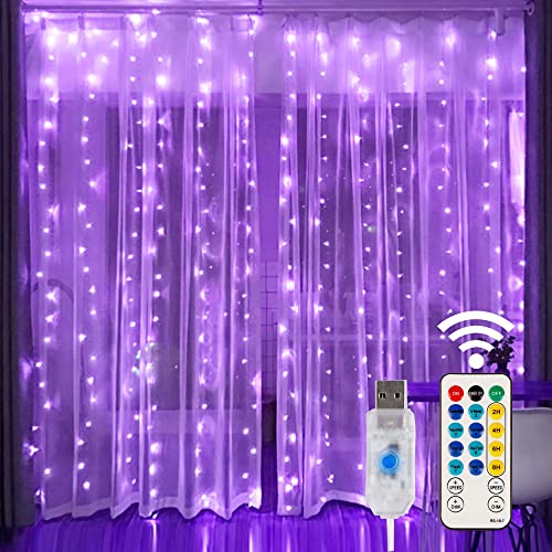 HOME LIGHTING Window Curtain String Lights, 300 LED 8 Lighting Modes Fairy Copper Light with Remote, USB Powered for Halloween Christmas Bedroom Party Wedding Home Garden Wall Decorations, Purple - Purple