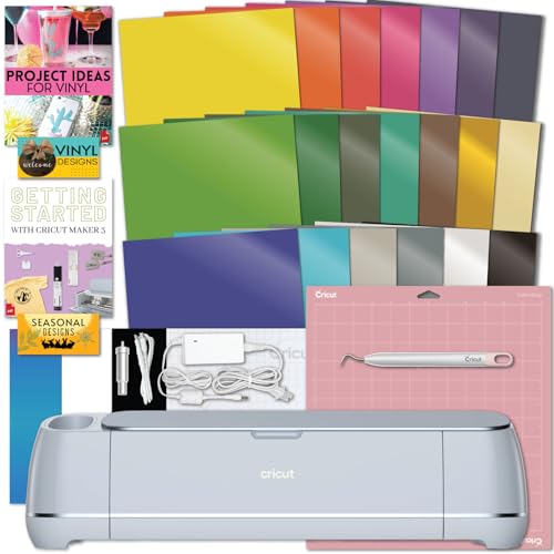 Cricut Maker 3 Machine with Rainbow Vinyl Pack and Weeder Tool Bundle - Beginner Craft Cutting Machine Kit with Materials and Tools to Start, Colorful Adhesive Vinyl Set for DIY Decorations and Decals - Maker 3 with Colorful Vinyl Sheets