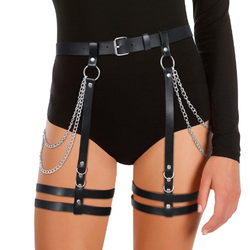 LEACOOLKEY Women Punk PU Leather Chain Belt Ladies Gothic Rock Waist Belt