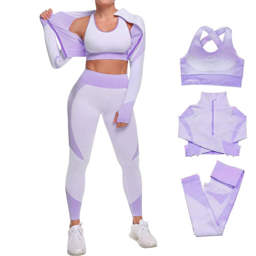 Veriliss Damen 3teiliger Trainingsanzug Nahtlose Yoga-Leggings und Stretch-Sport-BH-Fitness-Set Jogginganzug Reißverschluss Kapuzen Trainingsanzug Set Fitness Jogging Tennis Laufen - Lila M