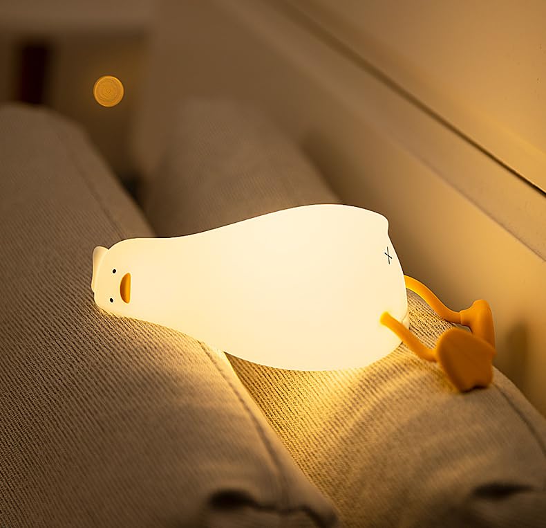 Lying Flat Duck Kids Night Light, LED Duck Lamp, Cute Light Up Duck Night Light, Silicone Dimmable Nursery Duck Light, Rechargeable Bedside Touch Sensor with 3 Adjustable Speed and 30 Minutes Timer