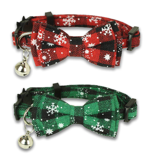 Pohshido 2 Pack Christmas Cat Collar with Movable Bowtie, Cat Bowtie Snowflake Plaid Patterns, Breakaway Buckle Safety Kitty Collar with Bell, Adjustable Pet Collar for Cats and Puppies(Red+Green)