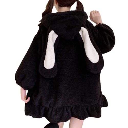Cute Kawaii Bunny Hoodie Jacket Coats for Women Fashion Japanese Fuzzy Fluffy Rabbit Hooded Sweatshirt Outwear - Black - Large