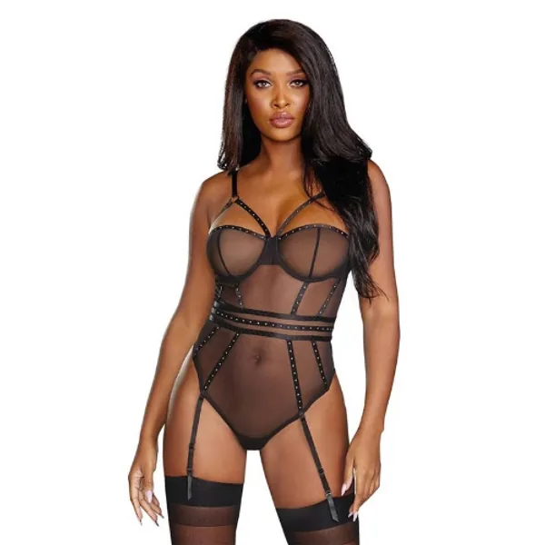 Dreamgirl Sheer Stretch Mesh Snap Crotch Teddy With Removable Garters Black Hanging - Small