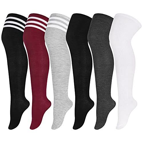 Aneco 6 Pairs Plus Size Over Knee Socks Women Warm Thigh High Stockings for Daily Use, L-XXL - X-Large - White| Dark Grey| Black| Light Grey|wine Red