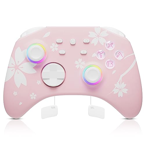 Mytrix Wireless Pro Controllers for Nintendo Switch, Windows PC iOS Android Steam/Steam Deck, Sakura Pink Bluetooth Controller with Programmable, Headphone Jack, Adjustable LED Light/Turbo/Vibration - Sakura Pink