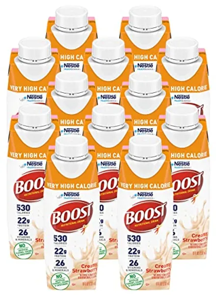 Boost Very High Calorie Nutritional Drink, Creamy Strawberry, Made with Natural Strawberry Flavor & No Artificial Flavors, Colors & Sweeteners, 8 FL OZ (Pack of 12)
