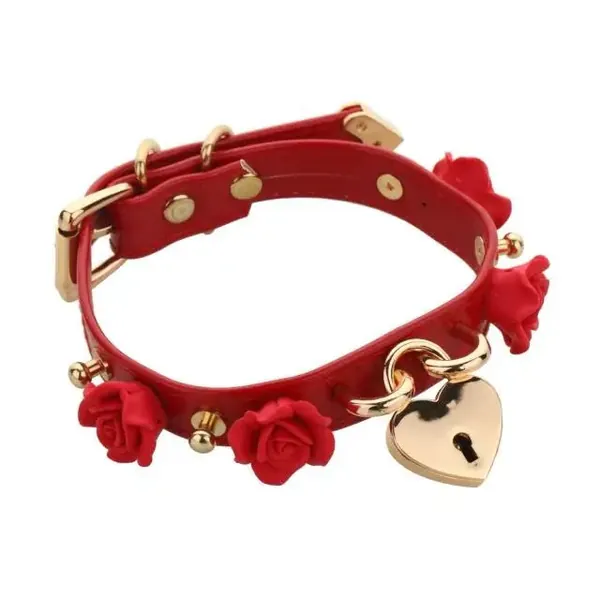 Vegan Leather Choker with Rose Petals and Heart Locket - Red & Gold