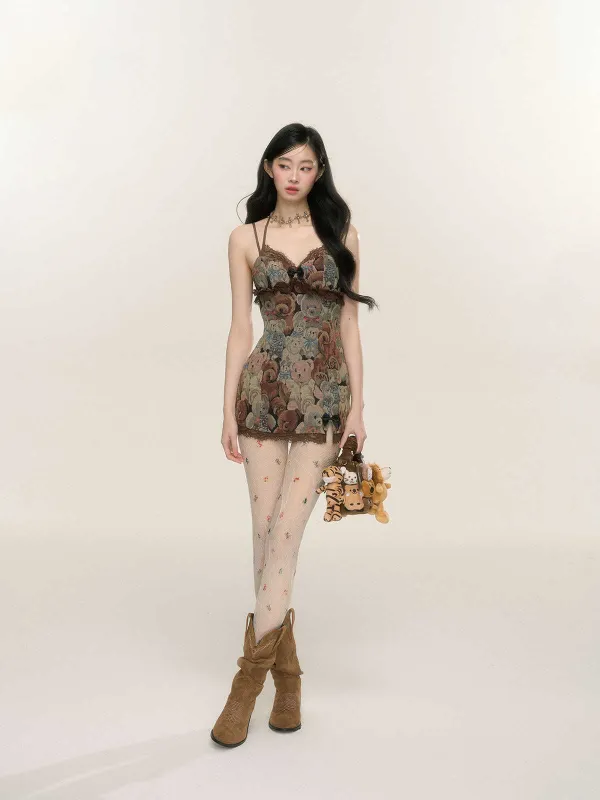[$54.50]Brown Cute Bear Print Lace Trim Cami Dress