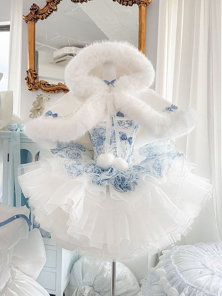 [$132.00]Blue and White Porcelain Print Strapless Corset Dress + Plush Trimming Hooded Cape