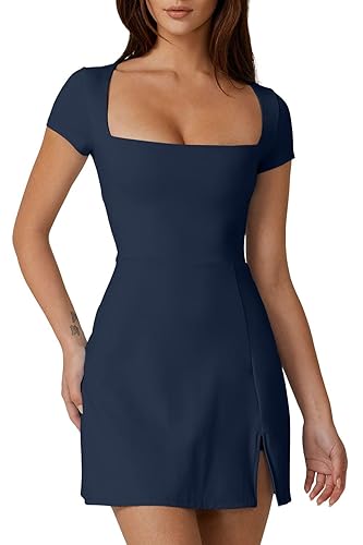 QINSEN Womens Square Neck Tennis Dress Short Sleeve Built in Shorts Golf Athletic Dress with Pockets - Small - Estate Blue