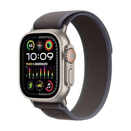Apple Watch Ultra 2 [GPS + Cellular 49mm] Smartwatch with Rugged Titanium Case & Blue/Black Trail Loop M/L. Fitness Tracker, Precision GPS, Action Button, Extra-Long Battery Life, Carbon Neutral - Titanium Case with Blue/Black Trail Loop - M/L - fits 145-220mm wrists