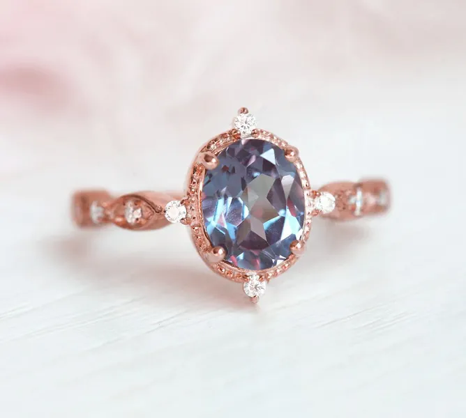 Amelia Oval Vintage Inspired Lab Alexandrite Ring by Capucinne Blue - Rose Gold Vermeil / 7 1/2