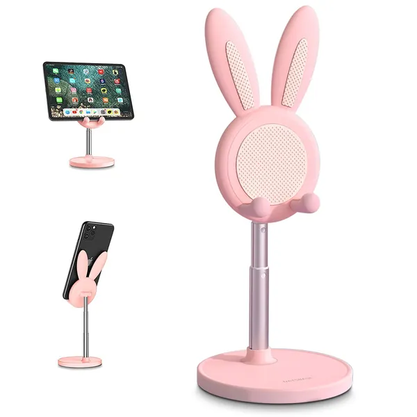 Cell Phone Stand,Angle Height Adjustable Bunny Phone Stand for Desk,Cute Rabbit Phone Holder Stand for Desk, Compatible with All Mobile Phones,iPhone,Samsung,Pixel,iPad,Tablet(4-10in) (Pink)