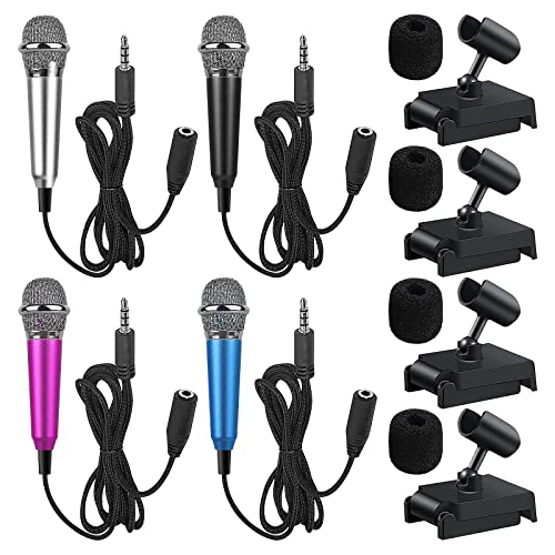 Vegena 4 Stücke Mini Mikrofon, Asmr Mikrofon Mini Microphone Tragbar, Mini Mikrofon für Handy, Kleines Mikrofon, Mini Karaoke Mikrofon für Handy mit 4 Ständer für Handy Laptop Notebook