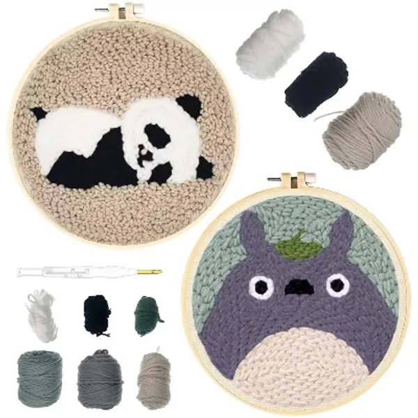 Wool Queen Punch Needle Starter Kit | Animal Rug Hooking Beginner Kit, with an Adjustable Embroidery Pen and 8.6'' Hoop for Kids Adults Craft Gift-Panda & Totoro