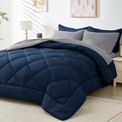 7 Pieces Queen Comforter Set, All Season Reversible Bed in a Bag Queen, Ultra Soft Queen Bedding Set with Grey Comforter, Flat Sheet, Fitted Sheet, Pillowcases, Pillow Shams, Navy Blue & Light Grey - Navy Blue & Grey - Queen