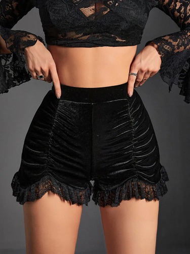 Black Mall Gothic Velvet Ruched Shorts - black / S