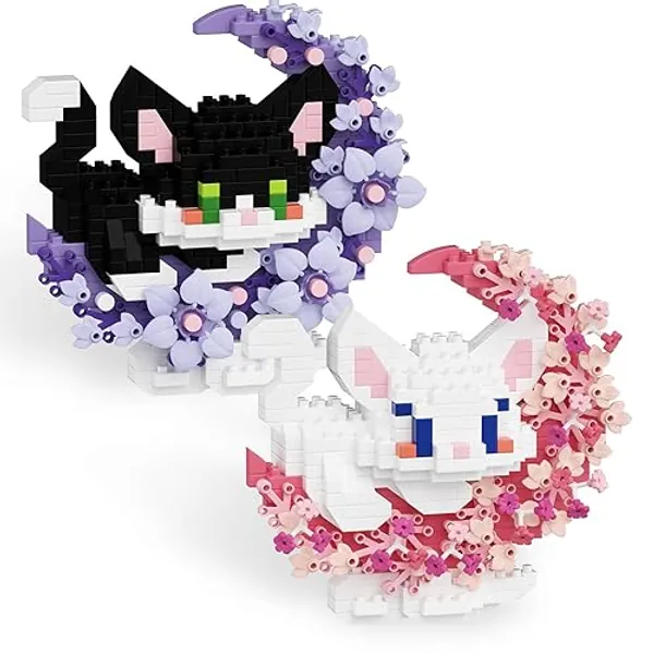 TENYEAH 954Pcs Mini Building Block Set Animals with Flower and Moon, 2 in 1 Micro Brick Toy Cats, Creative Art Craft and Home Decor, Birthday Gifts Idea for Kids Adults Boys Girls 8+ - 2in1 cat animals building set