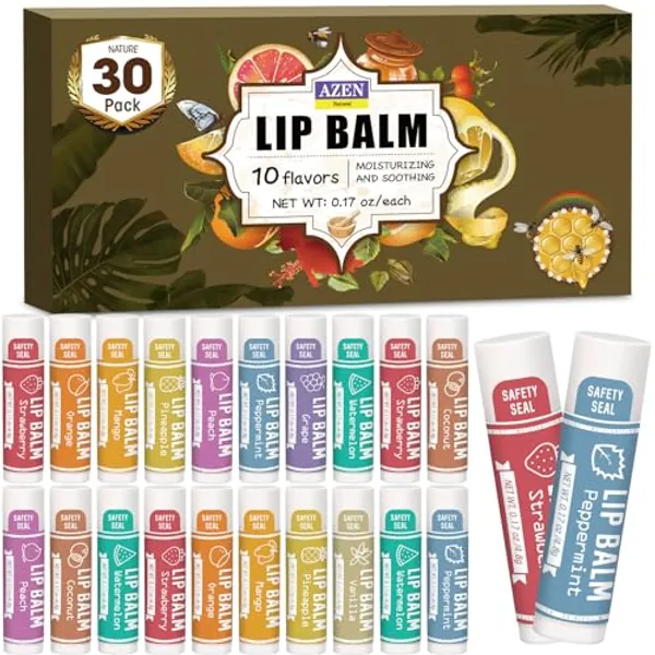 AZEN 30 Pack Lip Balm, Natural Lip Balm Bulk, Lip Care Product, Moisturizing Lip Balm for dry cracked lips