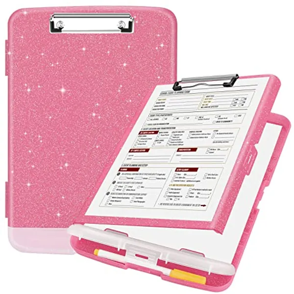 Sooez Glitter Clipboard with Storage, High Capacity Storage Clipboard with Pen Holder, Cute Clip Boards 8.5x11 with Low Profile Clip, Sparkle Plastic Clipboard Case Box for Women & Kids, Side Opening