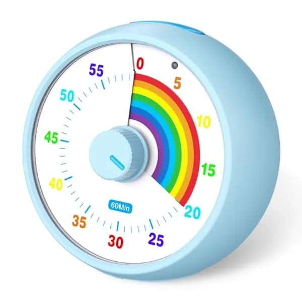 Visual Timer for Kids, 60-Minute Countdown Timer for Classroom Office Kitchen, Desk Timer Kids Time Management Tools with Silent Operation, Pomodoro Timer Rainbow Pattern(Blue)