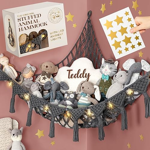 TIDYTEDS Macrame DreamLights Boho Stuffed Animal Storage Net or hammock Extra Large for Small or large Plushies. Plush Gray Toy Storage Holder - Elephant Grey