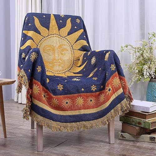 Erke Moon and Sun Throw Blanket Celestial Chair Recliner Cover Bed Spread Hippie Room Decor, Double Sided Cotton Woven Sofa Couch Furniture Aesthetic Witchy Throws - 50" X 70", Yellow/Blue - 50" x 70"