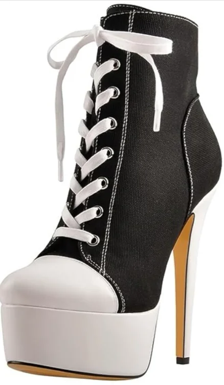 Women's Black & Pink Platform Canvas High Heels, Round Toe Lace-Up Stiletto Booties with Faux Cover Inner Lining, Casual & Stylish Ankle Boots for Casual Attire, Everyday High Heels | Laceup Heels | Faux Cover Lining, Stiletto Heels