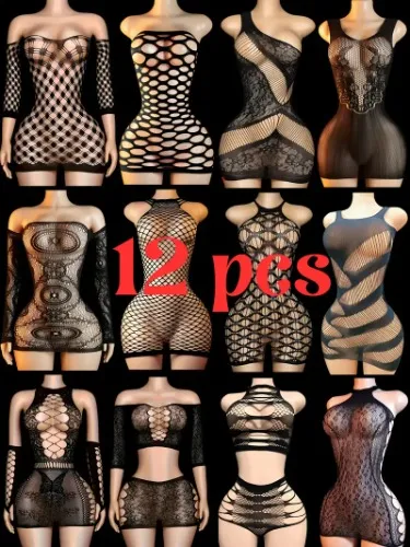 12pcs set jacquard stretchy fishnet bodysuit sheer hip - 