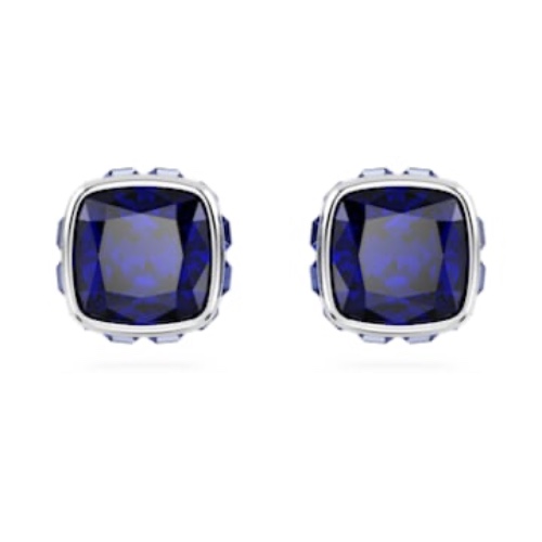 Birthstone stud earrings, Square cut, September, Blue, Rhodium plated