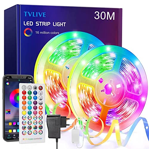 TVLIVE Tira Luces Led Habitacion 30M, Controladas por APP y IR Control 40 Teclas, Modo Musical y Temporizador, rgb Para Fiesta Hogar TV Bar - 30M