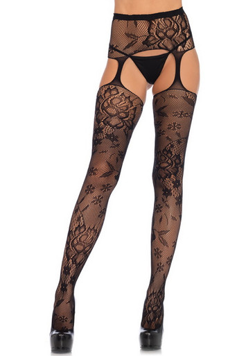 Floral Lace Stockings & Attached Garter Belt