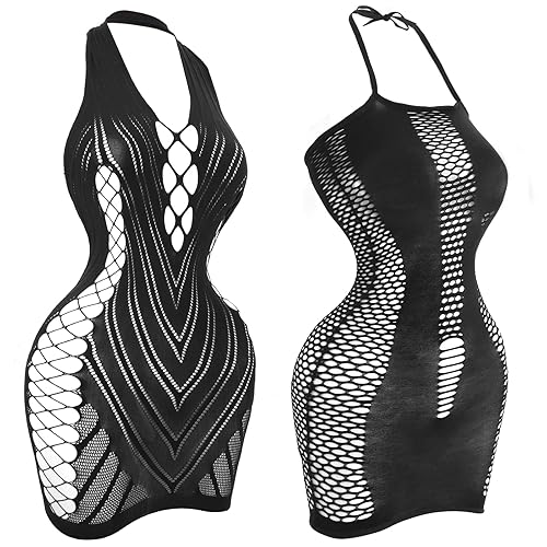 selizo Fishnet Lingerie Dress for Women, Black Fish Net Bodysuit Sexy Chemise Teddy Naughty Women's Mesh Lace Body Stockings - 2 Pack Black