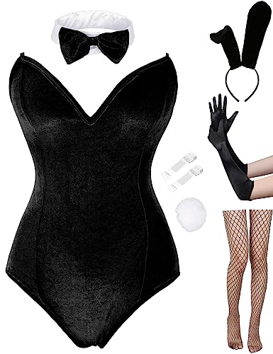 Angelaicos Womens Bunny Costume Set Senpai Cosplay Halloween Roleplay Bodysuit Stockings - Velvet Black - X-Large