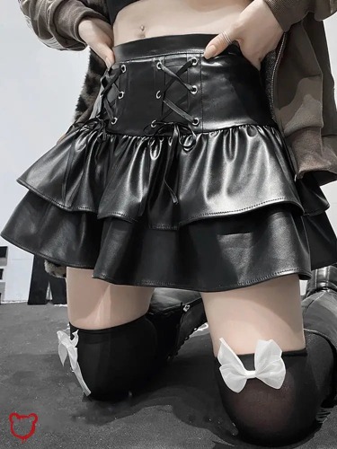 "Black Goth PU Leather Skirt - BLACK / S