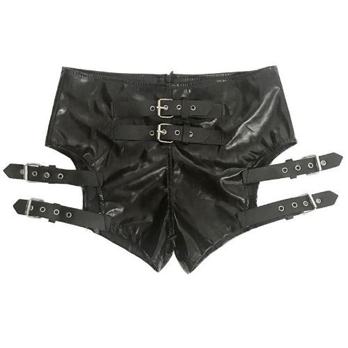 Alternative 'Brimstone' Black PU Fake Leather Goth Buckle Shorts - black / M